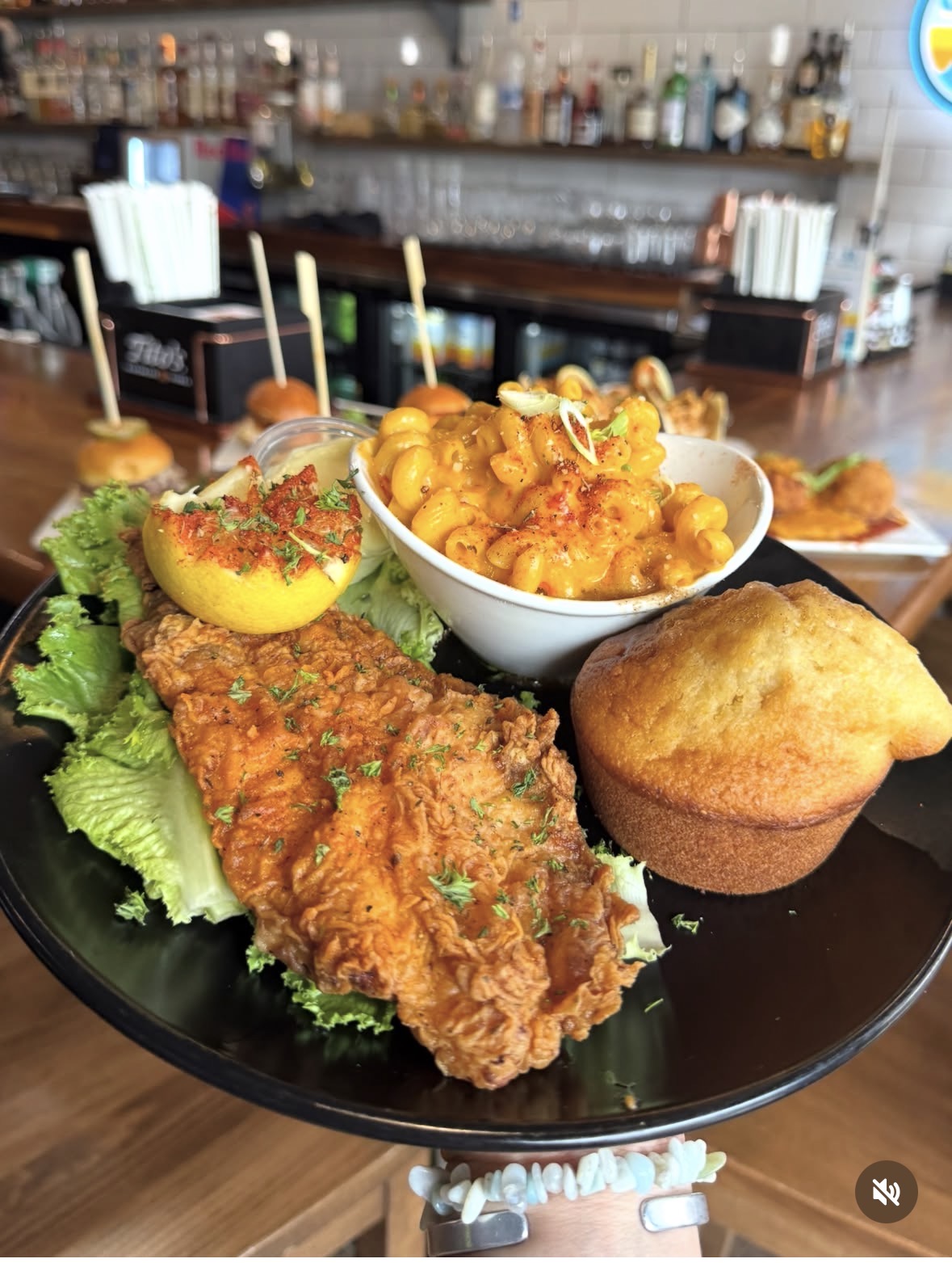 Fried chicken with macaroni and cheese and cornbread at Founding Brothers